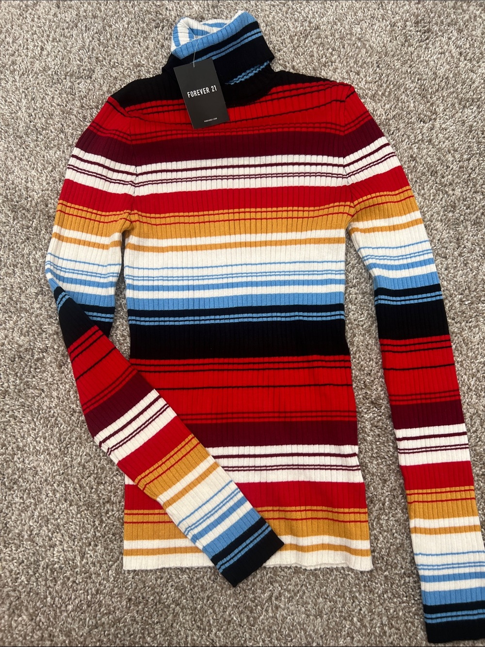 Forever 21 Multicolor Striped Turtleneck Sweater - Red, Black, Blue, Gold, White